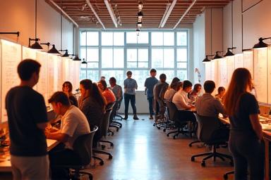 Jeunes entrepreneurs travaillant dans un espace de coworking, symbolisant l'incubateur textile et le mentorat.