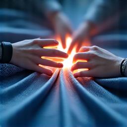 Trois mains se rejoignant symbolisant la collaboration, l'excellence et la transparence.