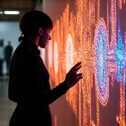 Artiste numérique manipulant une installation textile interactive