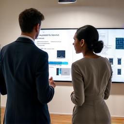 Entrepreneur discutant d'échantillons de tissus devant un tableau de stratégie