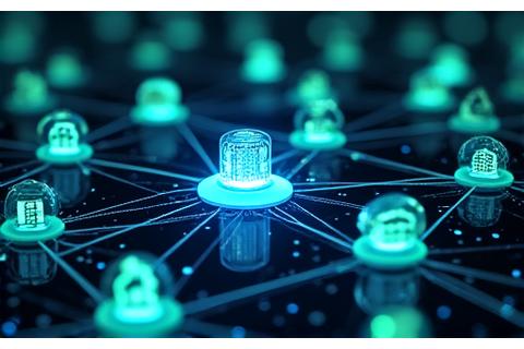 Visualisation d'une chaîne de blocs (blockchain) connectant des maillons d'une supply chain textile, avec des étiquettes de suivi numérique.