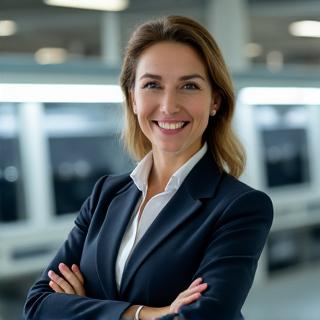 Portrait de Sophie Leclerc, Responsable RSE chez Tissages Modernes, posant devant un métier à tisser industriel moderne et respectueux de l'environnement.