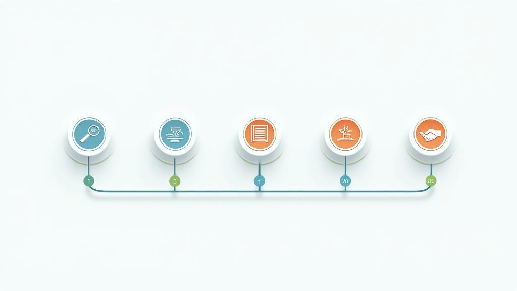 Timeline visuelle illustrant les cinq phases de la méthodologie de consulting d'Artisanat Pixel pour l'innovation durable, avec des icônes représentant chaque étape.