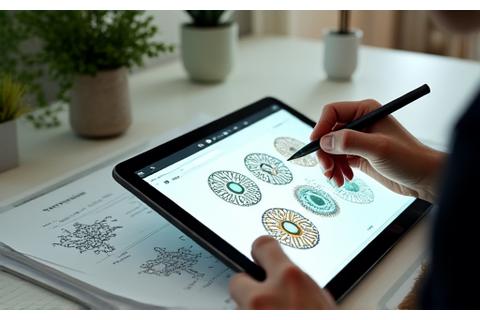 Des designers esquissant des motifs textiles sur une tablette numérique, intégrant des schémas de recyclage et de durabilité dans leur processus.