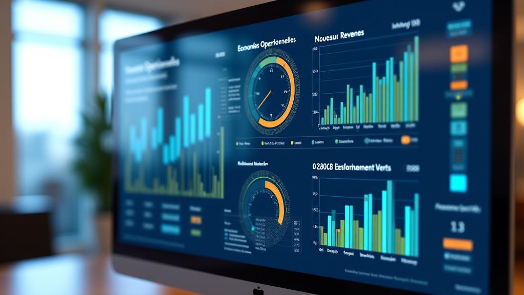 Infographie interactive ou tableau de bord montrant des indicateurs financiers (économies, revenus) et extra-financiers (CO2 évité, réputation) liés à des initiatives durables.
