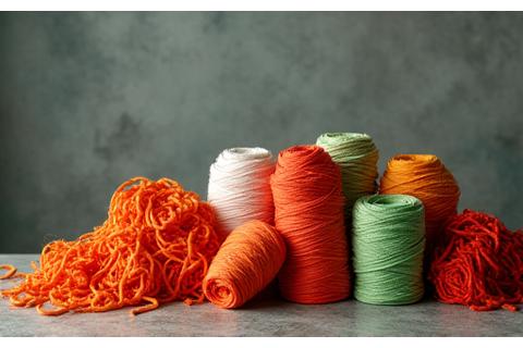 Déchets textiles colorés transformés en nouvelles fibres ou bobines de fil, symbolisant l'upcycling industriel.