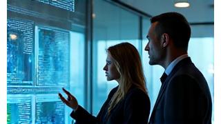 Deux professionnels en discussion devant un écran affichant des graphiques de stratégie d'innovation