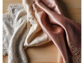Échantillons de tissus haute couture aux motifs complexes et textures raffinées sur une table de designer