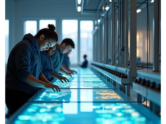 Vue d'un atelier textile moderne avec des machines de tissage numérique et des designers collaborant, des échantillons de tissus lumineux et connectés