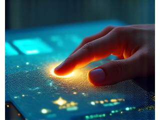 Main interagissant avec un textile intelligent lumineux, affichant des données sur une application mobile