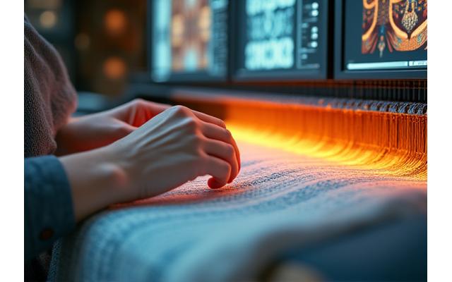Vue en gros plan d'un artisan textile manipulant des fils colorés sur un métier à tisser sophistiqué, avec des écrans de design numérique en arrière-plan, symbolisant l'alliance de la tradition et de la technologie.