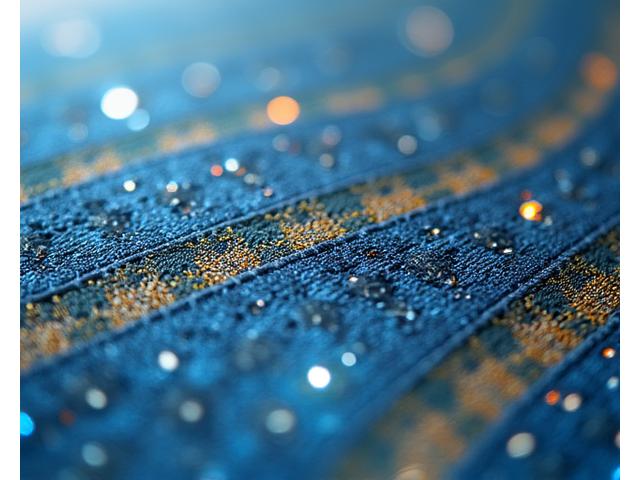 Galerie immersive présentant des tissus sur mesure aux textures et motifs complexes, intégrant des éléments lumineux discrets et des fibres intelligentes, photographiés en haute définition dans un studio lumineux.