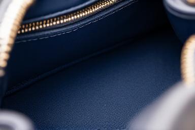 Détail macro d'une garniture intérieure de sac à main de luxe, confectionnée avec une doublure textile innovante d'Artisanat Pixel, présentant des micro-capteurs et un motif subtil, sur un fond de cuir précieux.