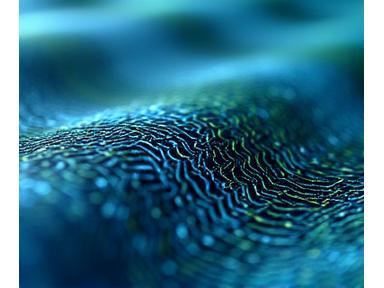 Une visualisation 3D complexe d'un tissu dynamique '4D', montrant des structures qui changent de forme et s'adaptent à l'environnement, avec des teintes de bleu intense et de reflets argentés.