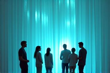 Personnes interagissant avec une installation lumineuse immersive, avec des schémas d'expérience utilisateur superposés.