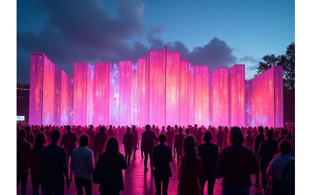 Foule interagissant avec une grande installation textile lumineuse et colorée lors d'un festival de musique en plein air.