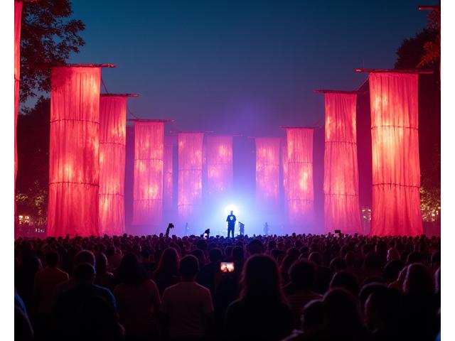 Scénographie textile immersive au Festival d'Avignon, avec des tissus réagissant à la musique et aux actions des acteurs.
