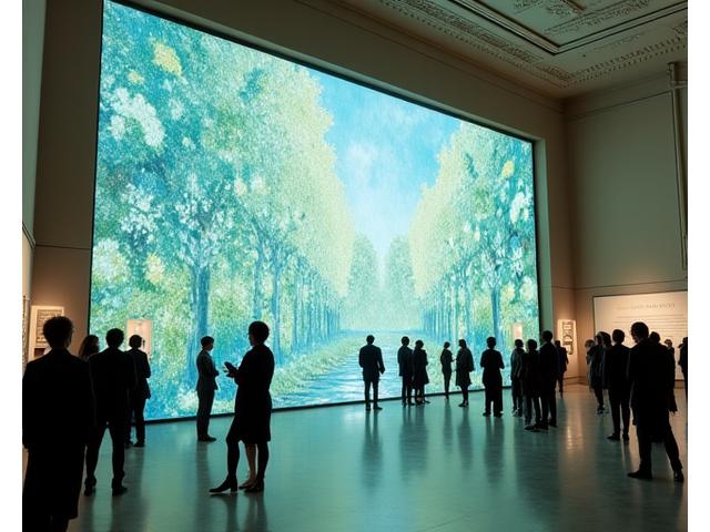 Mur textile interactif de 200m² au Musée d'Orsay, vibrant de motifs impressionnistes réagissant au mouvement des visiteurs.