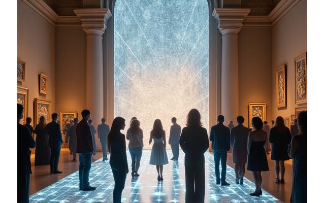 Visiteurs explorant une installation textile interactive dans un musée historique, avec des lumières douces et des motifs changeants.