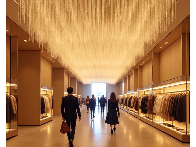 Plafond textile interactif lumineux dans un flagship Louis Vuitton, changeant de motifs en réponse aux mouvements des clients. 