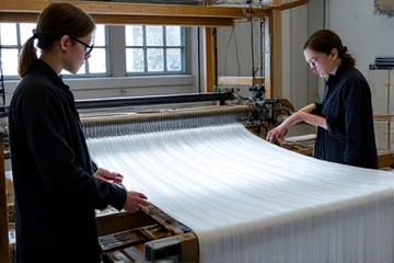 Artisans travaillant sur un métier à tisser numérique géant intégrant des fils métalliques et optiques, dans un atelier moderne.
