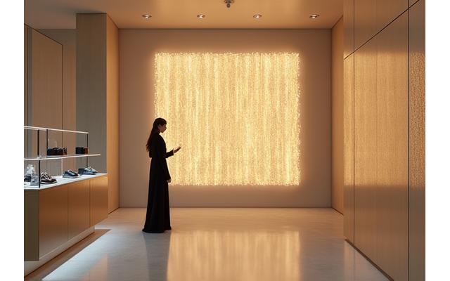 Installation textile scintillante et interactive dans une boutique de luxe, avec des reflets dorés et une ambiance sophistiquée.