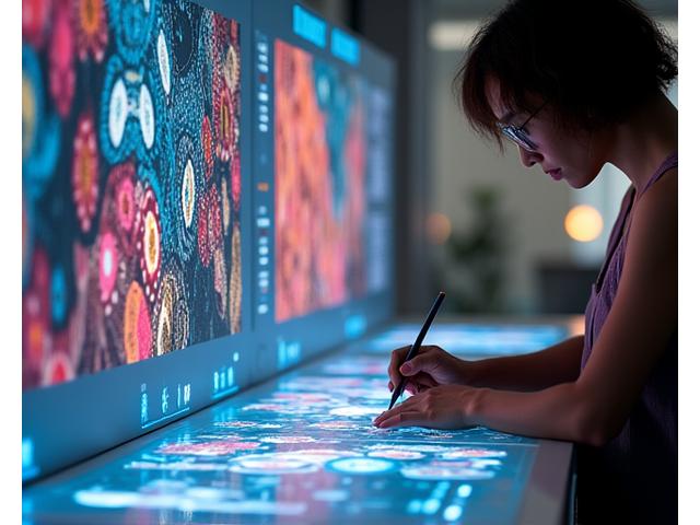 Designer humain collaborant avec une interface d'IA créative sur un écran transparent