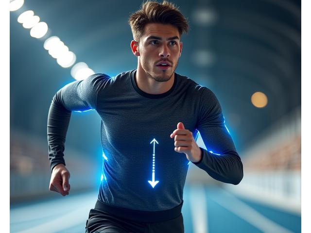 Un athlète en pleine course, équipé d'un vêtement de sport intelligent, avec des graphiques de performance superposés.