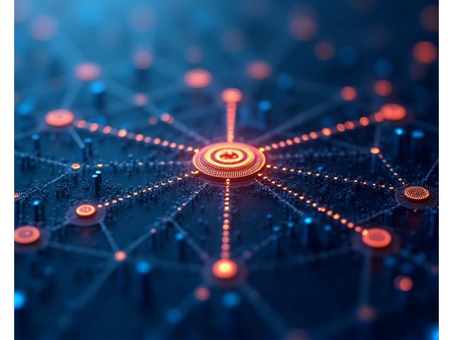Schéma abstrait de l'architecture blockchain textile, avec des nœuds interconnectés et des données sécurisées, illustrant la vitesse et la sécurité