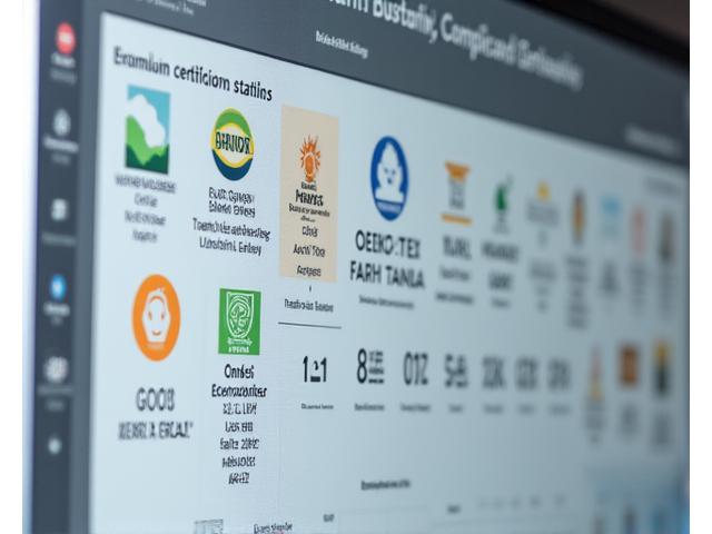Tableau de bord numérique affichant le statut de multiples certifications textiles avec des puces vertes pour la conformité et des icônes d'alerte pour les non-conformités, dans un style technologique propre