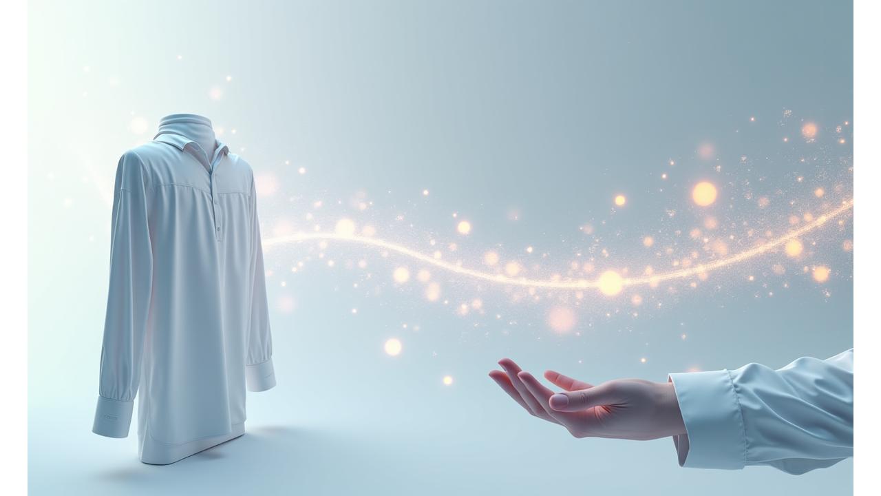 Illustration interactive d'une chaîne d'approvisionnement textile tracée par blockchain, montrant le chemin d'un vêtement de la fibre au consommateur avec des points de données lumineux