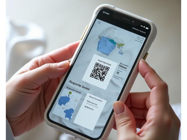 Main tenant un smartphone scannant un QR code sur une étiquette de vêtement, affichant une interface d'application mobile avec l'histoire complète et l'impact environnemental du produit