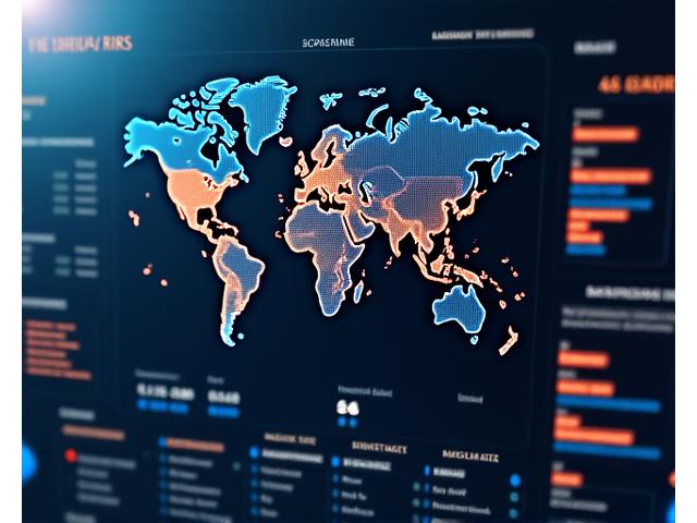Tableau de bord de gestion des risques avec une carte du monde affichant les zones à risque en rouge, des graphiques prédictifs et des alertes de non-conformité, dans une interface utilisateur sombre et élégante