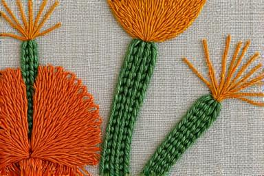 Broderie augmentée sur tissu upcyclé, utilisant des fils recyclés pour créer des motifs contemporains avec une riche narration.