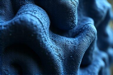 Textile restructuré en 3D, montrant des volumes inédits et des formes organiques créées par des techniques de déconstruction et reconstruction.
